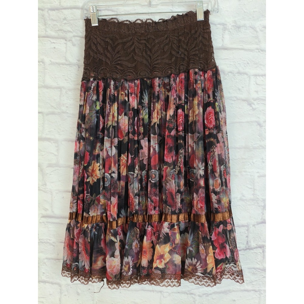 Brown Lace Floral Tiered Midi Skirt  Boho Cottagecore Romantic Goblin Sz XS/S